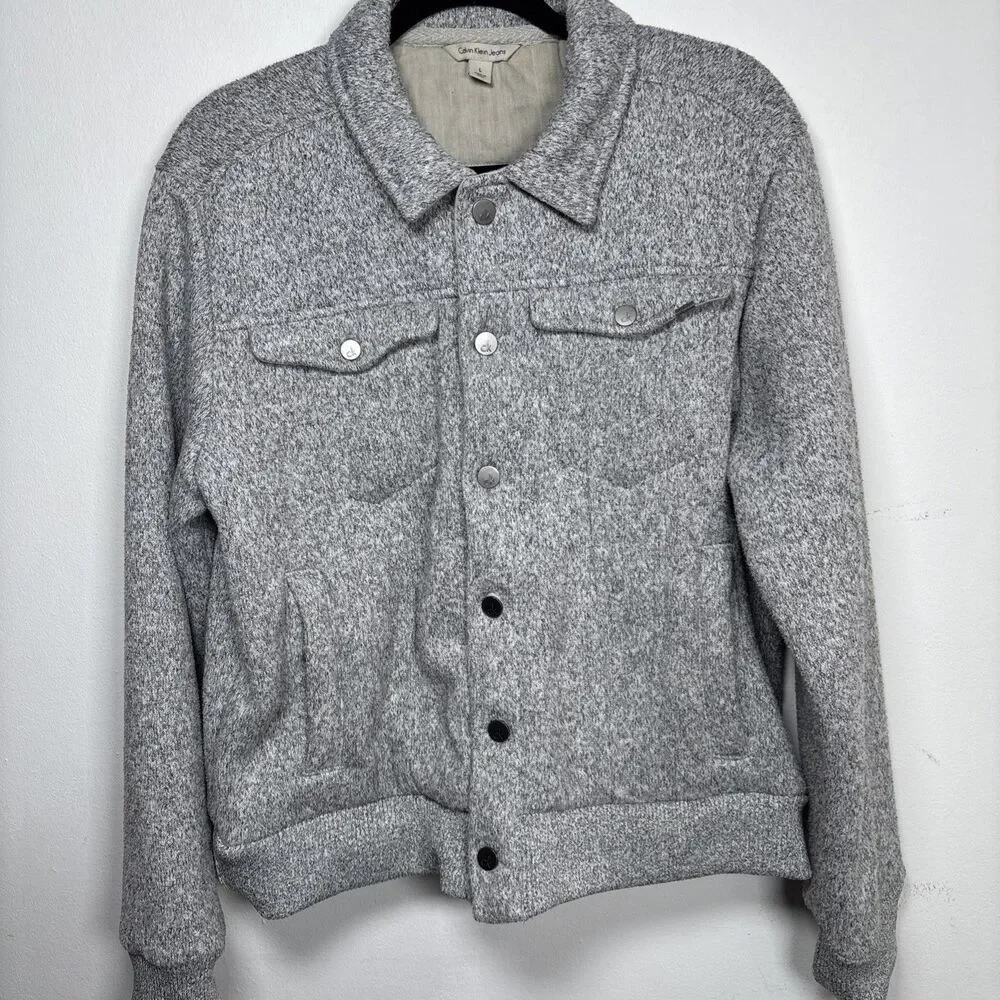 Calvin Klein Jeans marled heather grey sweater sherpa lined trucker jacket sz L